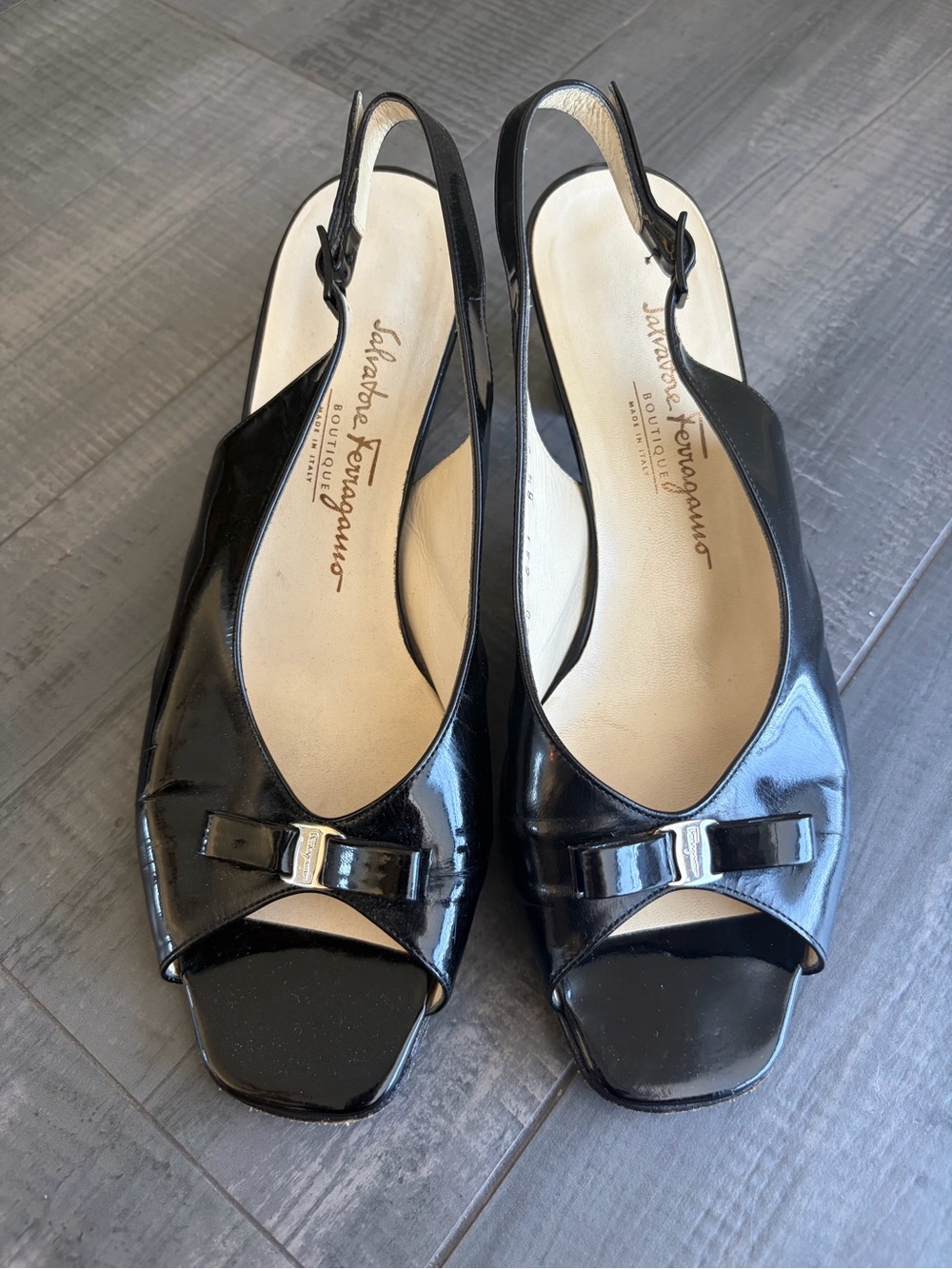 Salvatore Ferragamo Black Patent Peep-Toe Slingback Heels with Bow